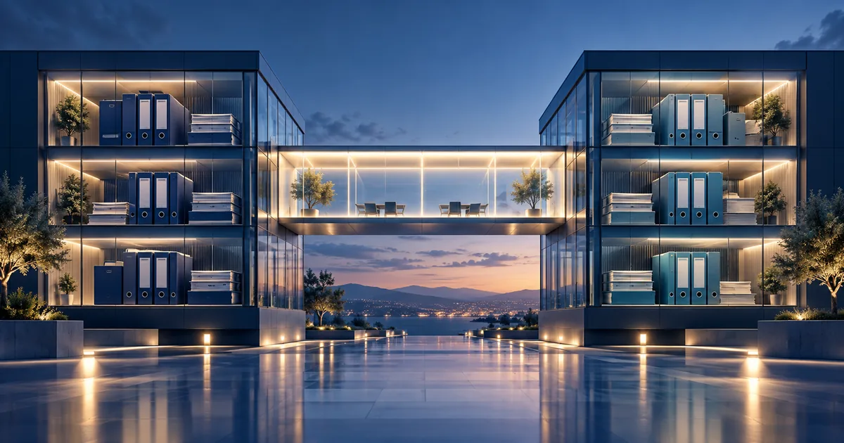Due edifici collegati da un ponte luminoso con archivi distinti